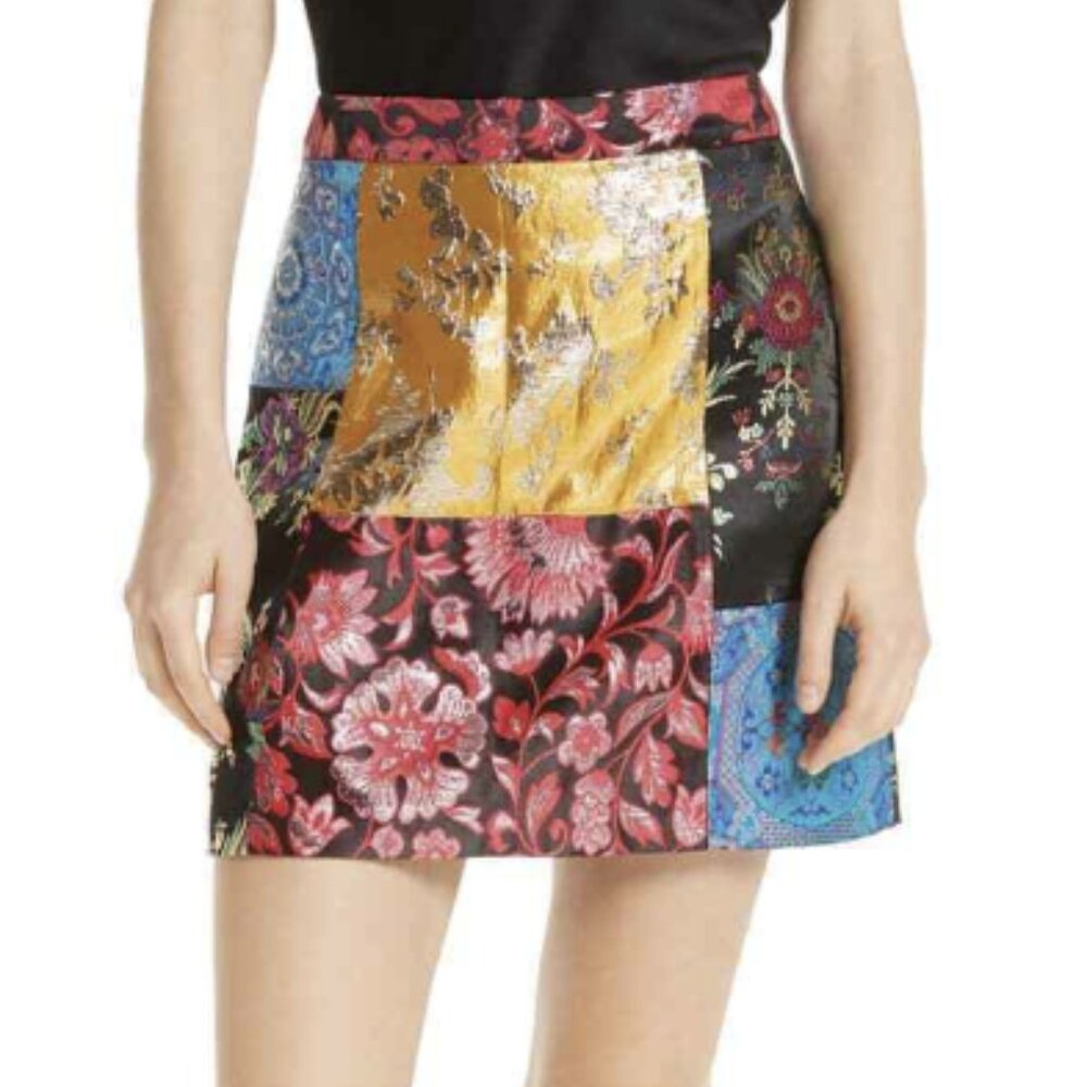 Alice & Olivia Riley Patchwork A-Line Mini Skirt Floral Metallic Jacquard Size 2